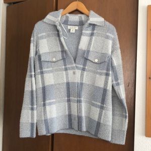 Fuzzy Shirt Jacket Gentle Blue Plaid